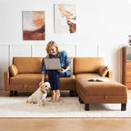 5 Seater Faux Leather Sofa Couch, 98'' L Shape Sectional Couch, Mid Century Modern Decor, Office Sectional Sofa Bed, for House, Apartment, Living Room, Tan