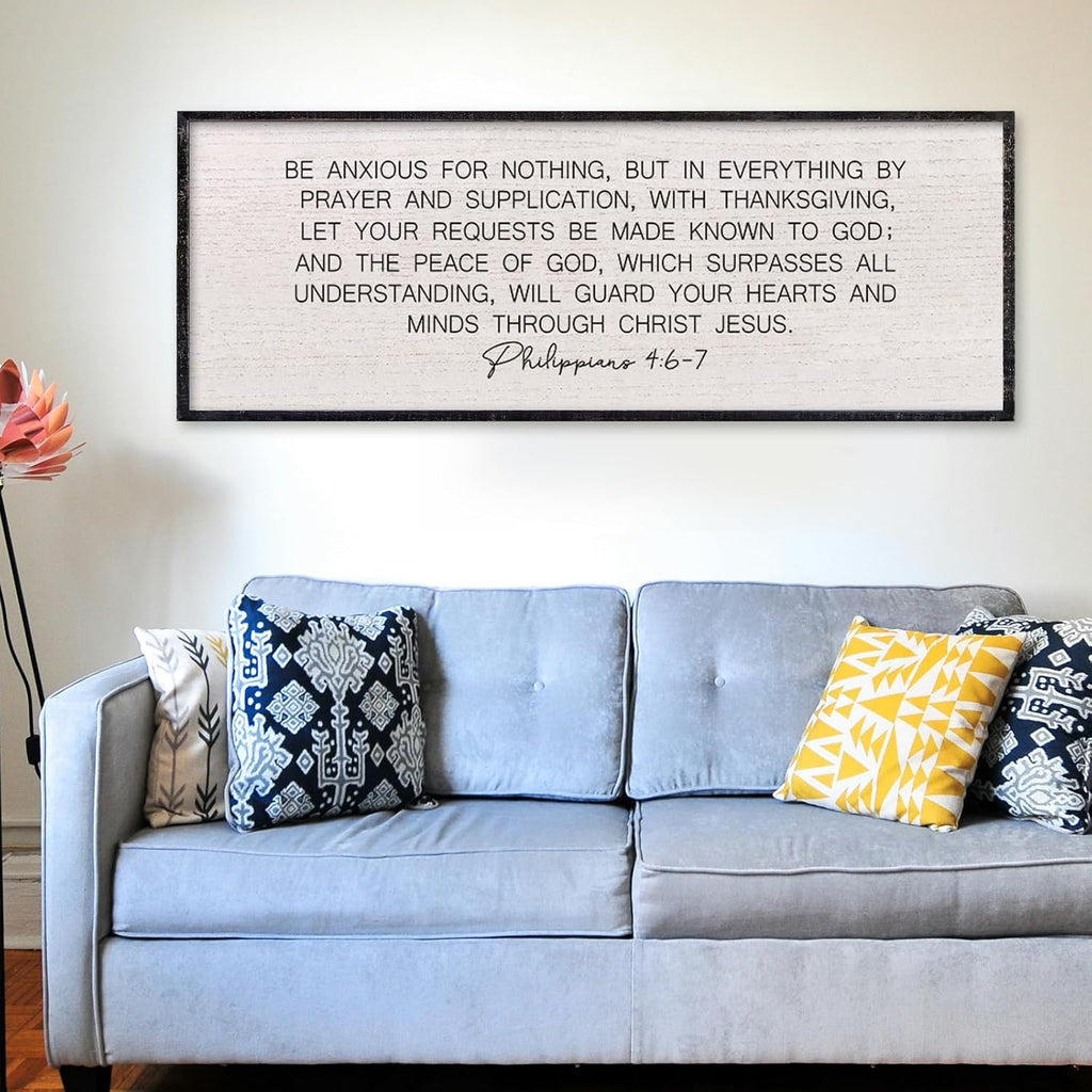 LuZhiQiang Be Anxious for Nothing Wall Decor 32"×12" Philippians 4:6-7 Bible Verse Sign Large Christian Scripture Wood Framed Hanging Decor (Black)