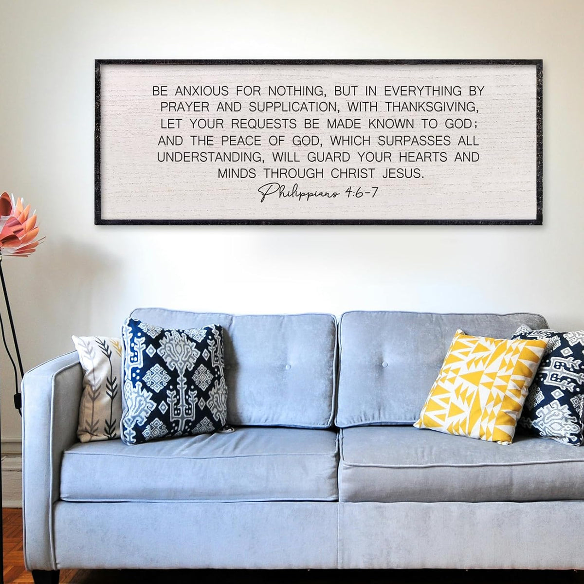 LuZhiQiang Be Anxious for Nothing Wall Decor 32"×12" Philippians 4:6-7 Bible Verse Sign Large Christian Scripture Wood Framed Hanging Decor (Black)