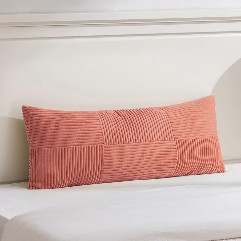 Fancy Homi Set of 2 Coral Boho Long Lumbar Body Decorative Throw Pillow Cover 14x36 Inch for Bed Couch Bedroom Bench, Soft Patchwork Corduroy Textured Pillow Case, Rustic Farmhouse Room Décor