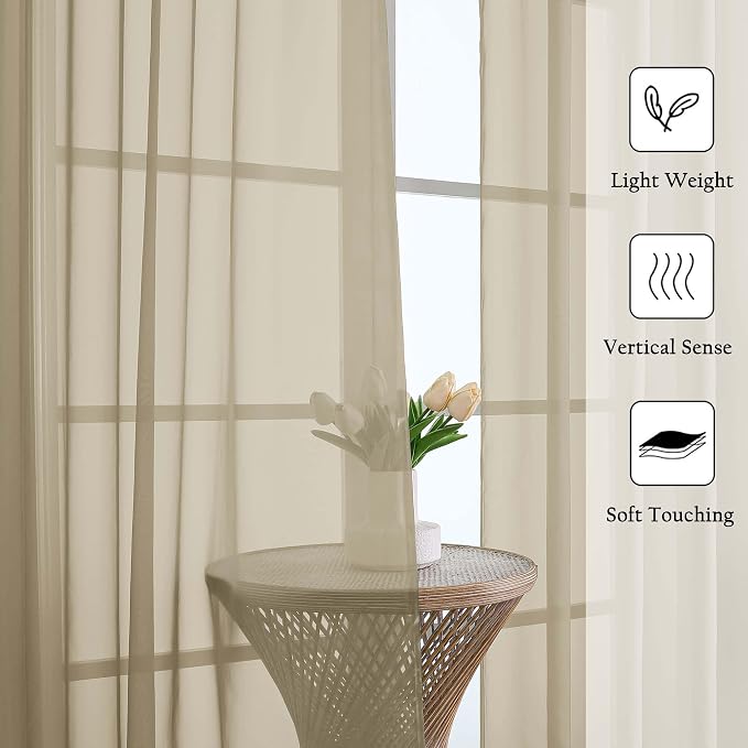 Taupe Sheer Curtains 90 Inches Long 2 Panels Set, Living Room Curtains - Image 2