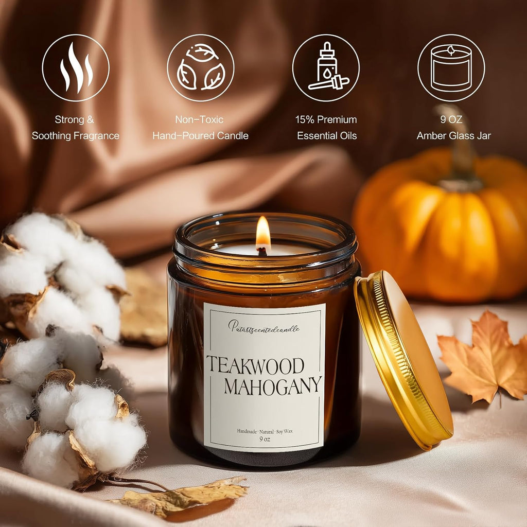 Mahogany & Teakwood Highly Scented Candles for Home, 9oz Natural Soy Aromatherapy Organic Candle with Essential Oil, Home Fragrance Stress Relief & Meditation Jar Candles Gifts for Men Women