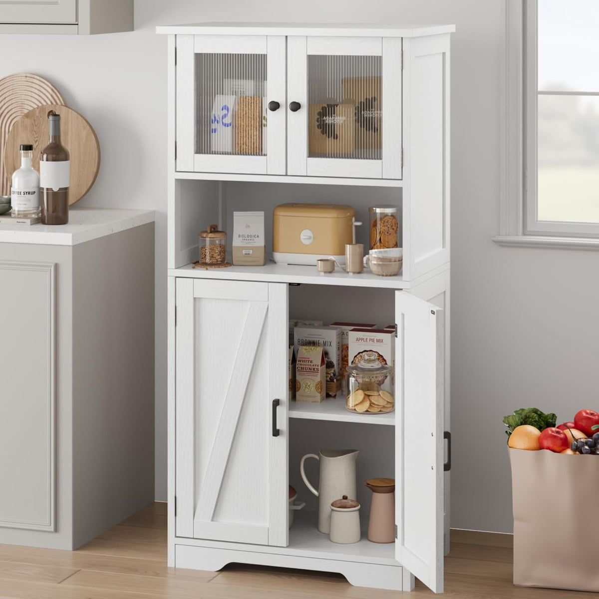 GarveeHome 54in Tall Bathroom Cabinet, Farmhouse Storage Cabinet with Glass Doors and Adjustable Shelves, Freestanding Kitchen Pantry Cabinets, Cupboard for Living Room, Dining Room, White