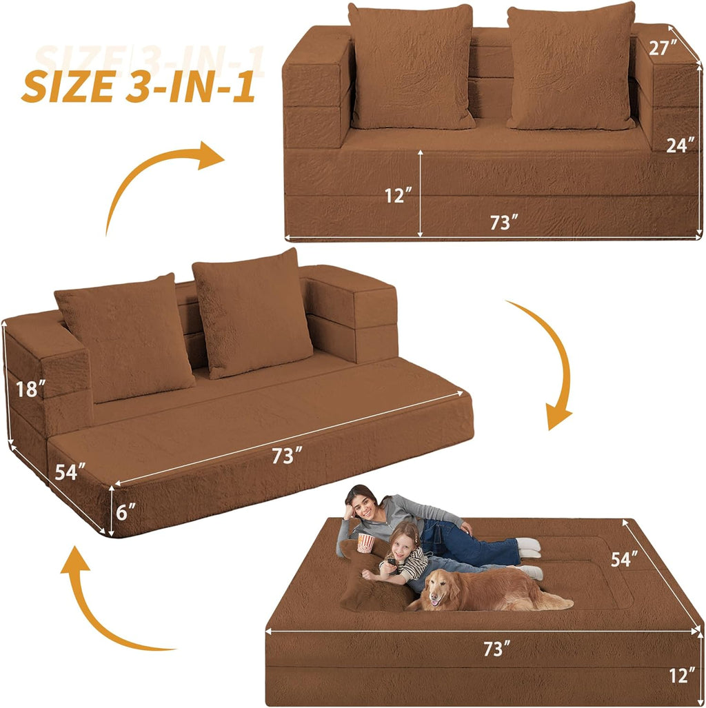 Folding Bean Bag Chair for Adults,3-in-1 Bean Bag Couch Faux Fur Floor Sofa Large Beanbag Convertible Bean Bag Sofa Bed with Pillow in Bedroom,Living Room,Apartment(Queen,Caramel)