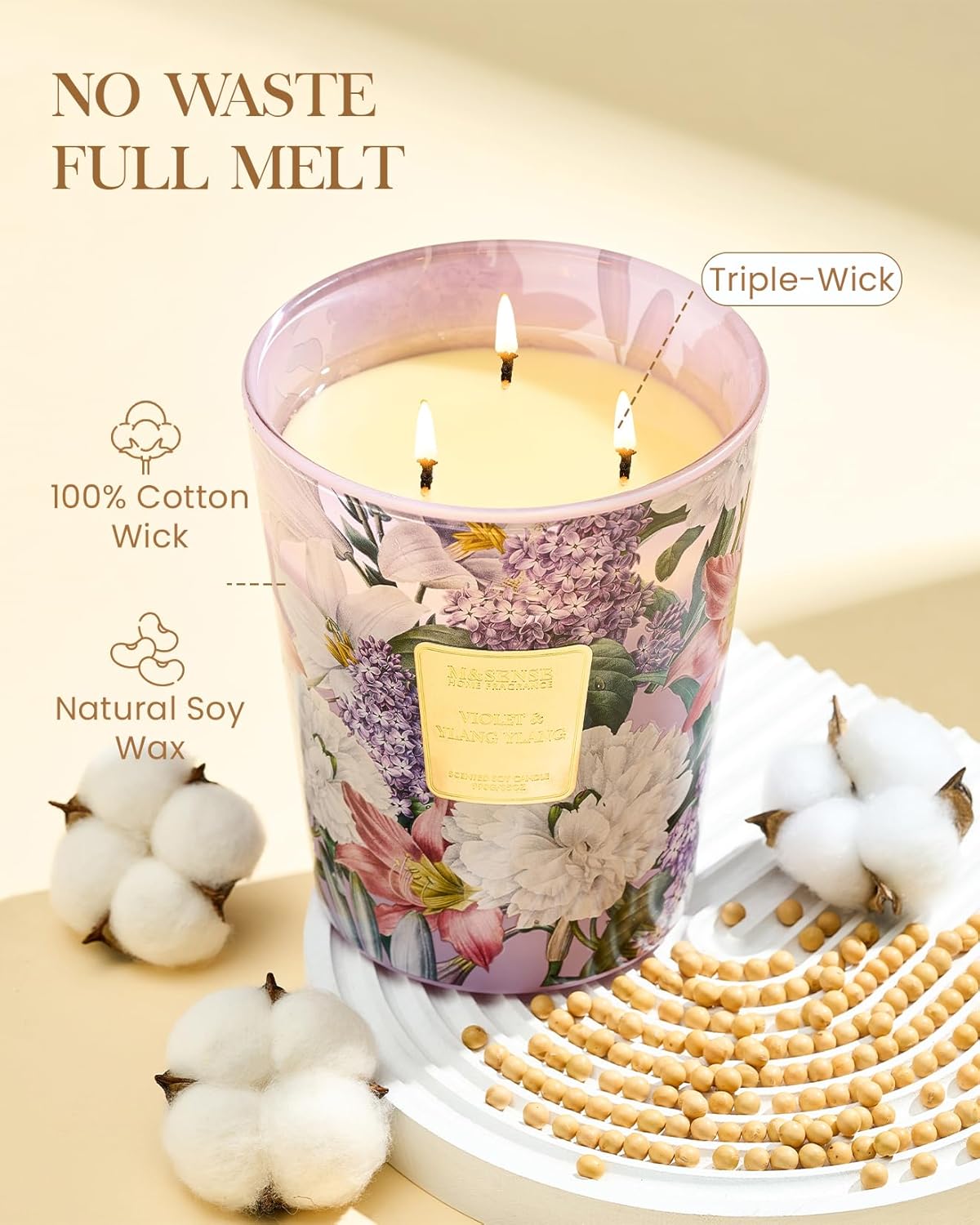 M&SENSE Violet YlangYlang Scented Candle, 3 Wick Soy Natural Wax Candles, 35oz 150H Long Lasting, Aromatherapy Sleep Calm Home Fragrance for Women Men