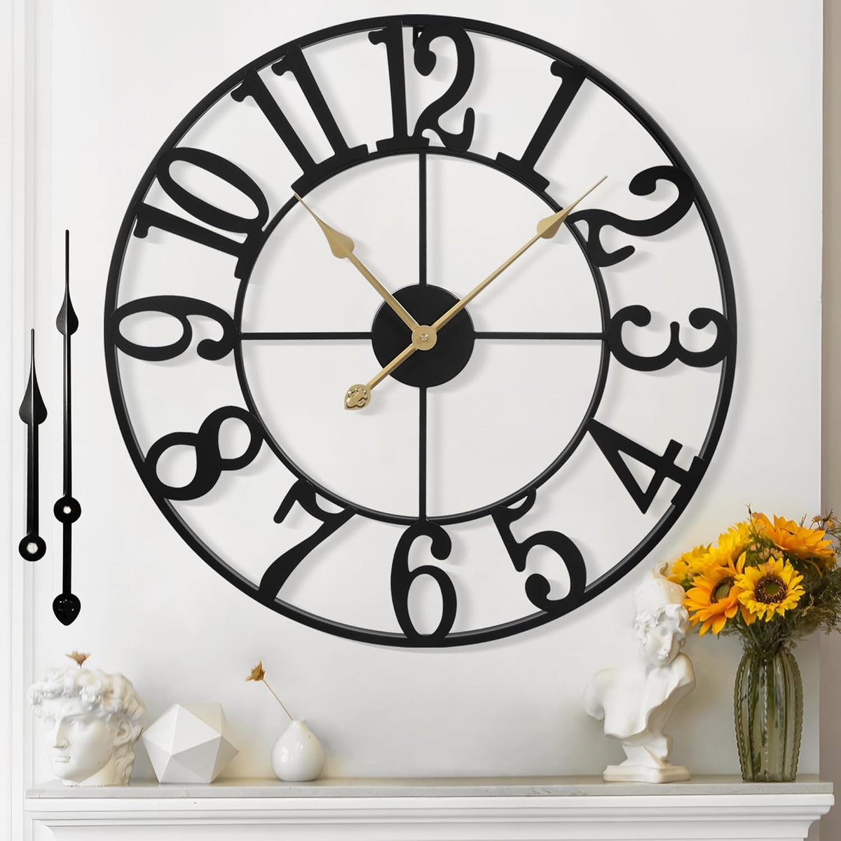 Large Wall Clock for Living Room Decor - 40cm/ 16 Inches Silent Non-Ticking Metal Wall Clocks Battery Operated, Vintage Decorative Modern Wall Clock for Bedroom, Office, Farmhouse Decor