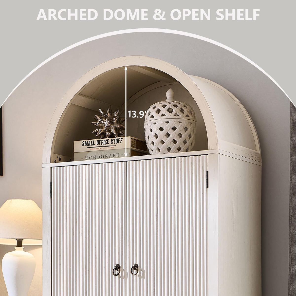 71" Tall Arched Bathroom Storage Cabinet, Modern Fluted Storage Cabinet w/Doors, 3 Adjustable Shelves, 6 Door Shelves, Wood Freestanding Cabinet for Bathroom, Entryway, Hallway, Antique White