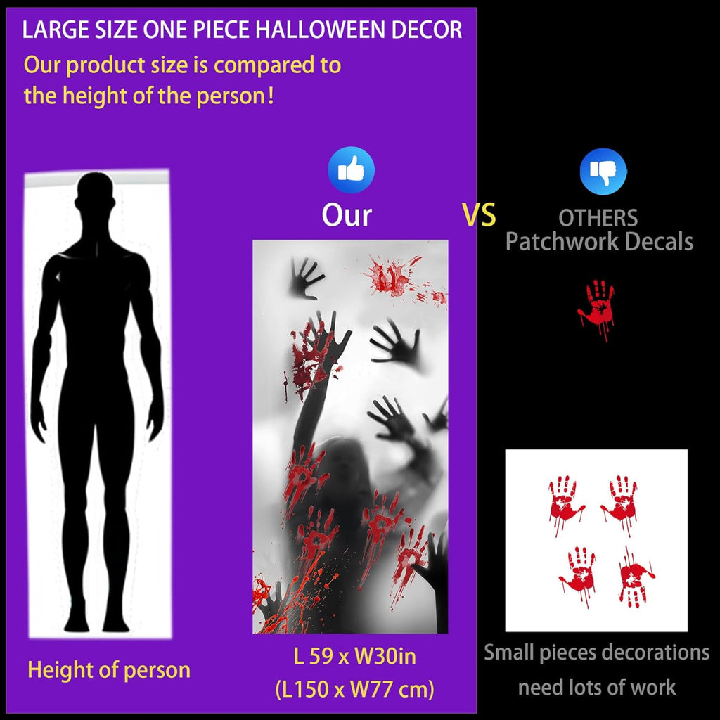 Rypyp 2PCS Halloween Decorations Indoor Window Clings, Large Window/Door Covers(59x30in)- Scary Zombie with Bloody Handprints at The Window, Halloween Haunted House Party Décor, Garage Door Cover
