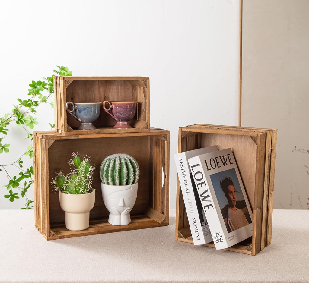 Set of 3 Nesting Wooden Crates, Rustic Wooden Storage Container Boxes with Cutout Handles, Decorative Farmhouse Wood Baskets for Display (Natural)