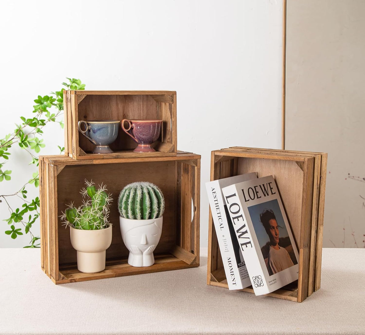 Set of 3 Nesting Wooden Crates, Rustic Wooden Storage Container Boxes with Cutout Handles, Decorative Farmhouse Wood Baskets for Display (Natural)