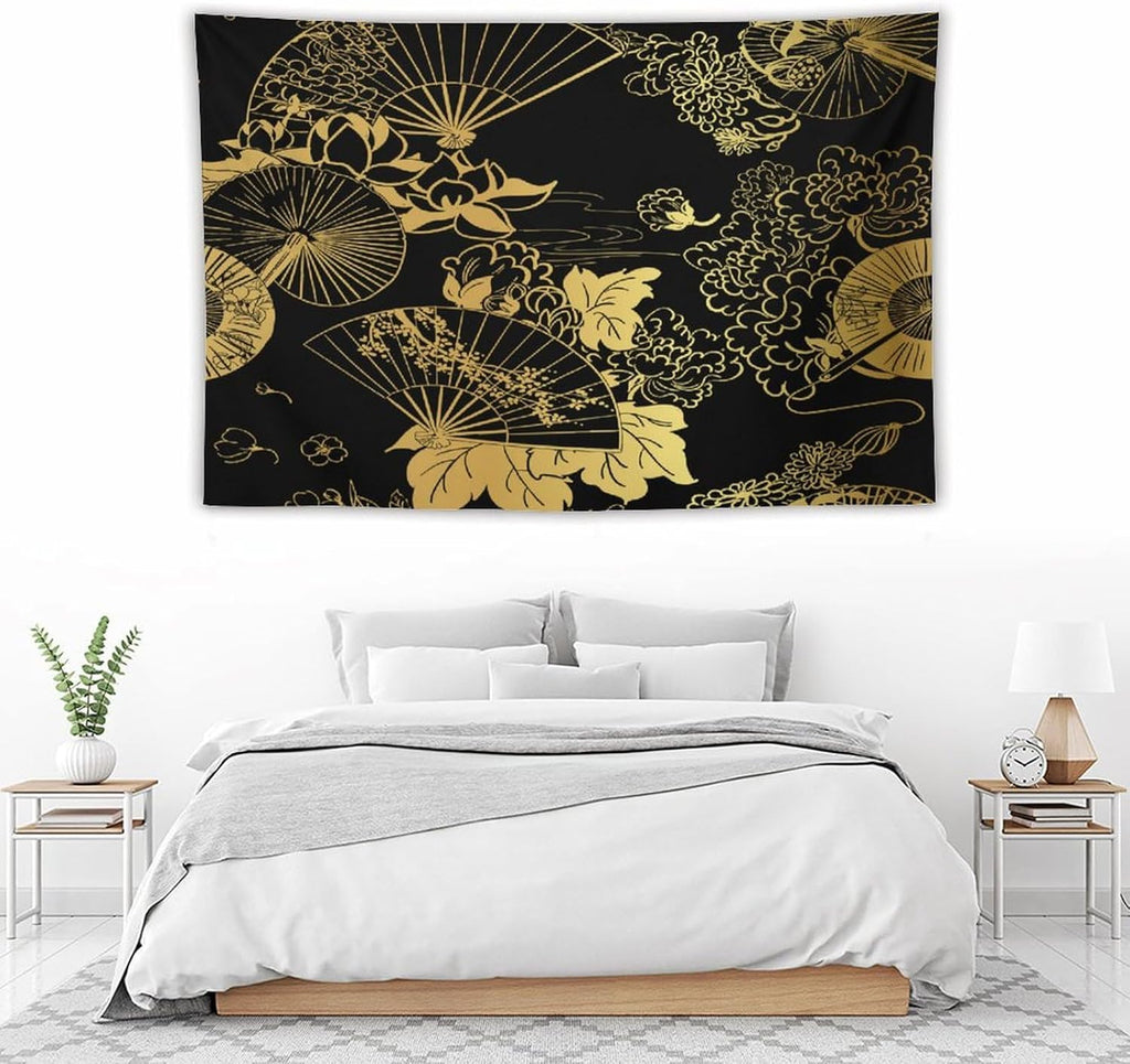 HZOHNAGO Japanese Tapestry Gold Flowers Umbrella Fan Pattern Printed Wall Tapestry Painting Wall Hanging for Bedroom Living Room Dorm 60" W x 40" H