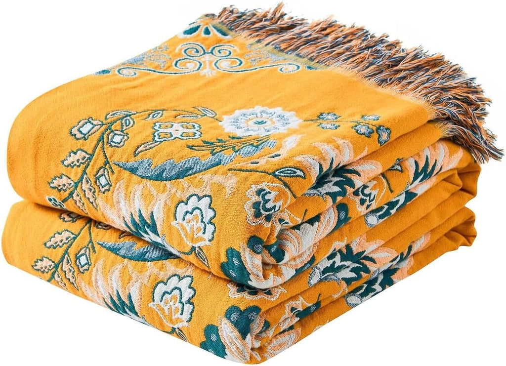 Boho Throw Blanket, 100% Cotton Ultra Soft Luxury Throw Rustic Quilt, Floral Printed Farmhouse Decor Bed Summer Blankets, All Season Rustic Reversible Bohemian Throw for Bed (90"x98" Yellow