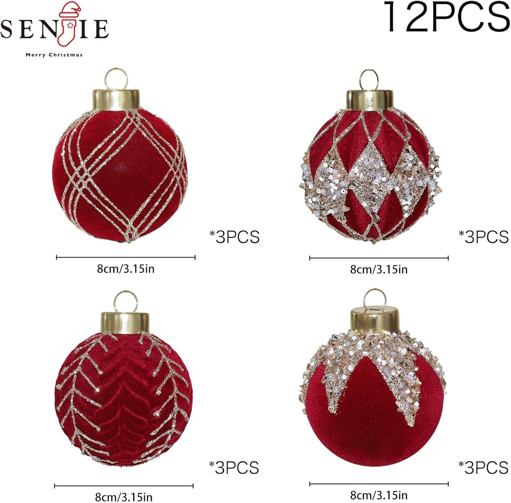 3.15INCH Burgundy Velvet Ornaments for Christmas Tree, 12PCS Glitter Flocked Christmas Ornaments Decorations Balls Set Decor