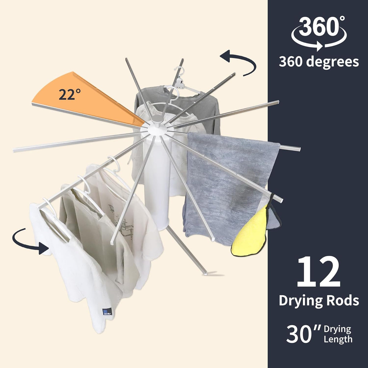 Clothes Drying Rack Tripod, Portable & Foldable Laundry Hanger Dryer - Aluminum, 12 Rods