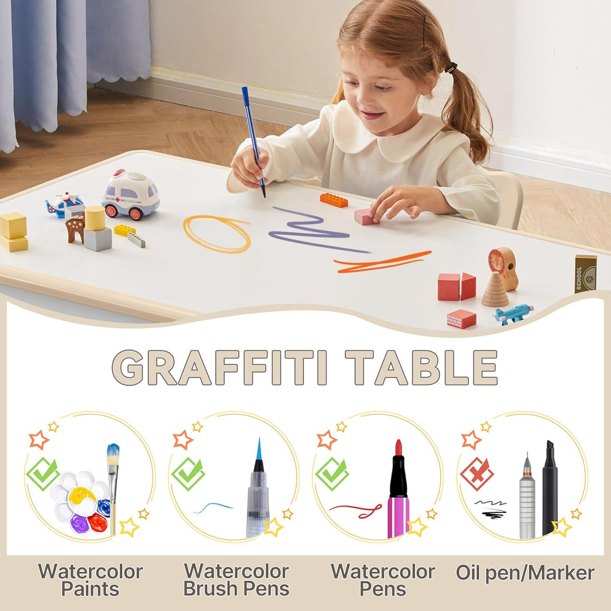 Kids Study Table and Chairs Set, Height Adjustable Toddler Table and Chair Set for Kids Ages 3-8, Graffiti Desktop (Burlywood - 1)