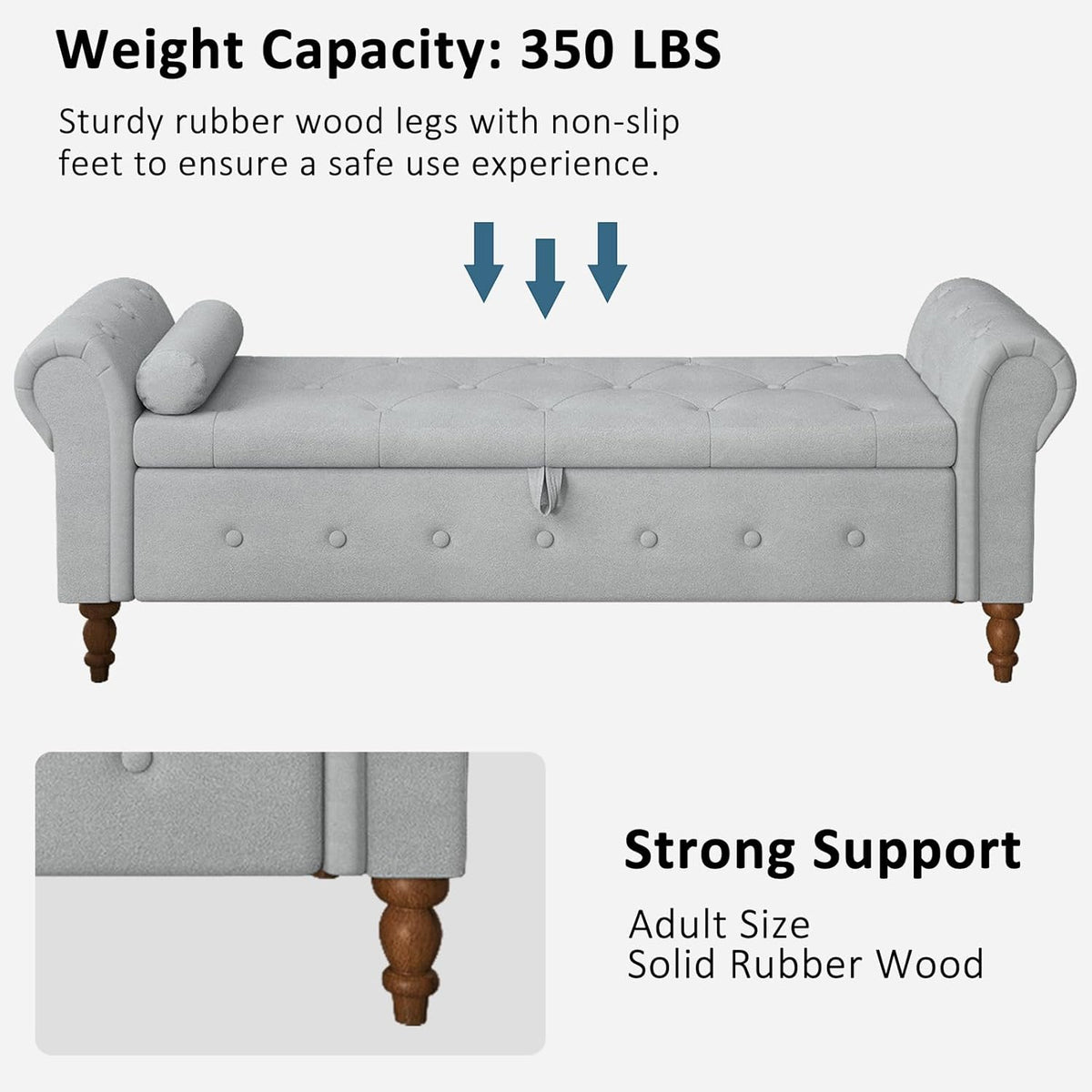 Storage Ottoman Bench for Bedroom, 63" End of Bed Bench with Rolled Arms Upholstered Ottoman Bench Fit for Bedroom, Living Room, Entryway, Velvet Light Gray