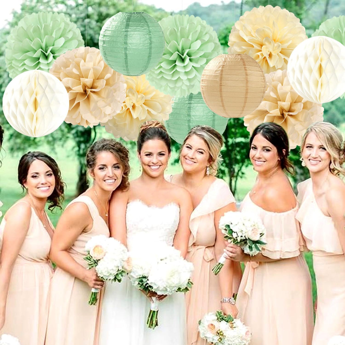 Sage Green-Boho Party-Decorations Paper-Flowers Lanterns - 15PCS Safari Rustic Neutral Baby Shower Tissue Pom Poms Streamers, Champagne Gold Birthday Wedding Graduation Hanging Supplies Decor Hugfond