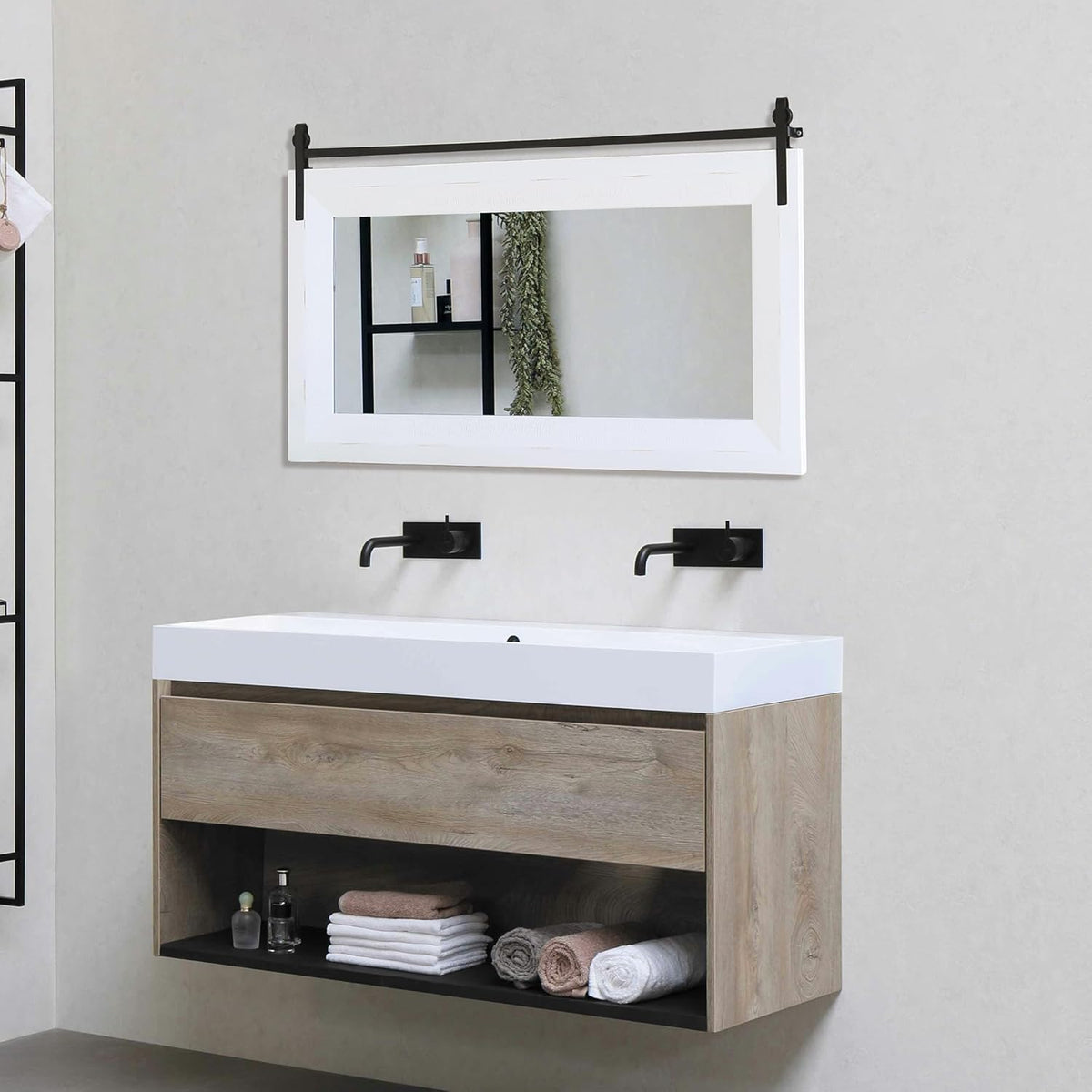 ALBAD Farmhouse Mirror for Wall Decor Wood Framed Bathroom Vanity Mirrors Vertical/Horizontal Hanging Barn Door Style Mirror for Living Room Bathroom Bedroom Entryway White