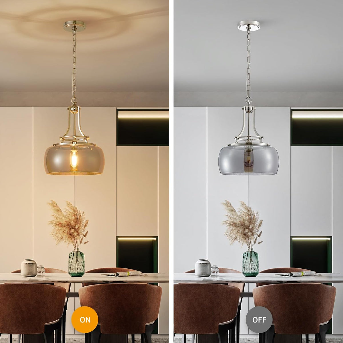 WUZUPS Nickel Chandelier Rustic Farmhouse Industrial Round Ceiling Pendant LED Light Fixture with Electroplated Gray Glass Shade for Dining Room Kitchen Island Foyer Entryway, H 17" W 13.4", E26 Base