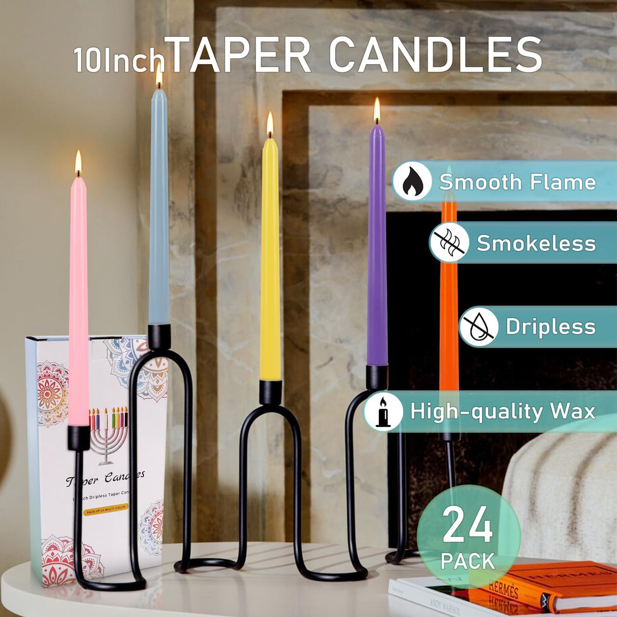 24 Pack 10" Tall Colored Taper Candles, Dripless Unscented Colorful Candlesticks for Birthdays Dinner Party Home Décor, Long Burning Spell Chime Candles for Witchcraft Ritual Prayer Meditation