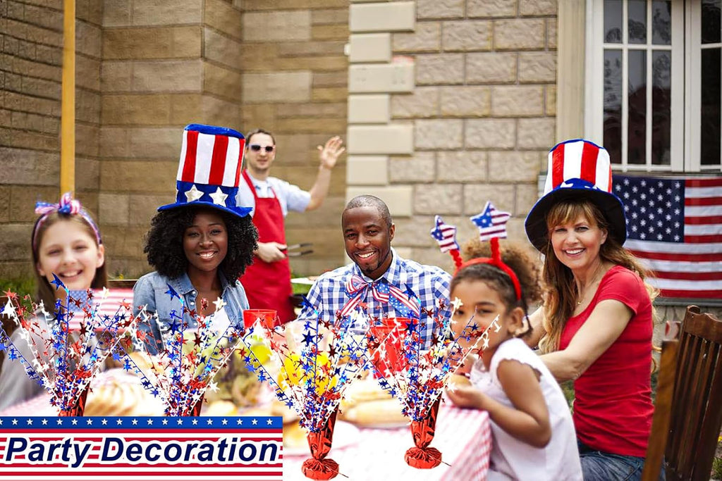6 Pack 4th of July Table Centerpiece Decoration Metallic Foil Spray Star Burst Patriotic Decoration Independence Day Labor Day Veteran Day Memorial Day Party Supplies, Red White and Blue