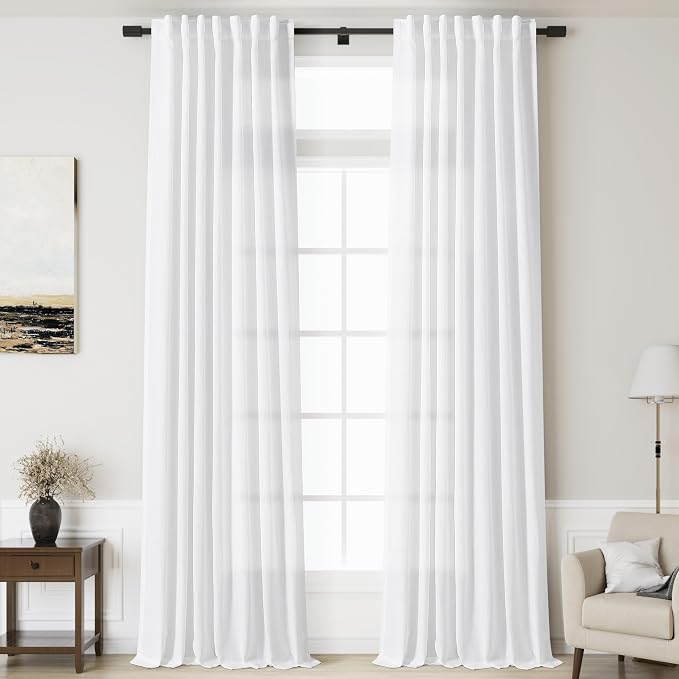White Linen Curtains 134 Inches Long 2 Panels Set by Nanspring