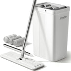 JOYMOOP Mop and Bucket with Wringer Set, White Flat Squeeze Bucket Set for Floor Cleaning, Wet Dry Wall Cleaner with Long Handle, Hardwood Floor Mop-3 Microfiber Cloths