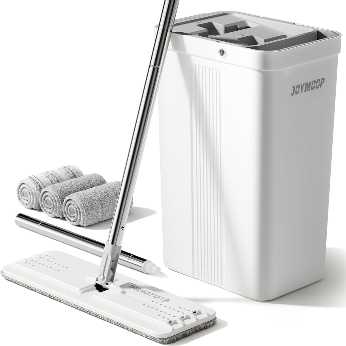 JOYMOOP Mop and Bucket with Wringer Set, White Flat Squeeze Bucket Set for Floor Cleaning, Wet Dry Wall Cleaner with Long Handle, Hardwood Floor Mop-3 Microfiber Cloths