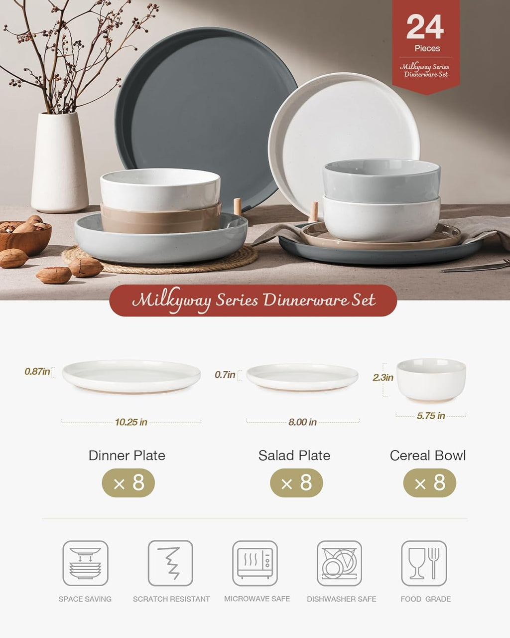 Famiware Milkyway Dinnerware Sets, 24 Piece Dish Set, Plates and Bowls Sets for 8, Multi-color