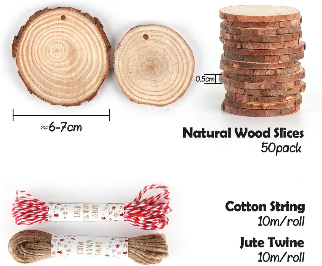 50Pcs Wood Slices 2.4"-2.8" Unfinished Wood Rounds with Pre-drilled Hole and 66Feet Twine String, Natural Wood for Crafts for Home Decor Painting DIY Christmas Ornaments Party Wedding Decor