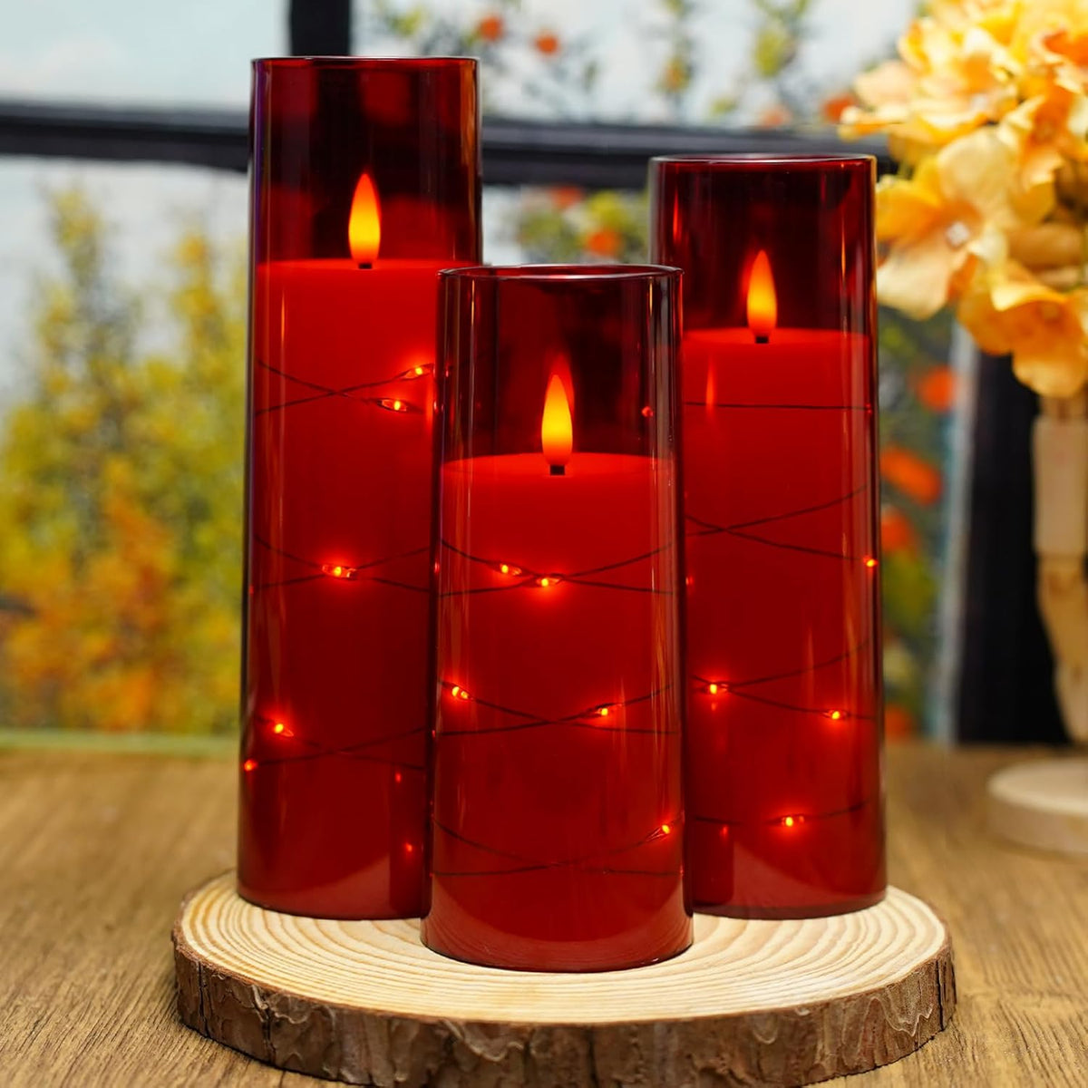 Flickering Flameless LED Candles,Battery Operated Candles 9 Pcs with Embedded Star String,Acrylic LED Pillar Candles with Remote,Suitable for Home Decoration to Create an Atmosphere（Red）