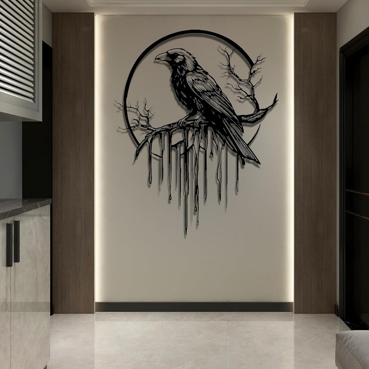 Crow Metal Wall Decor, Raven Wall Art, Large Gothic Raven Decor Hangings, Bird Wall Decor, Metal Tree Branch Decor, Ravens Sign, Raven Art for Living Room (Black, 39"x31" | 100x80cm, metal wall art)