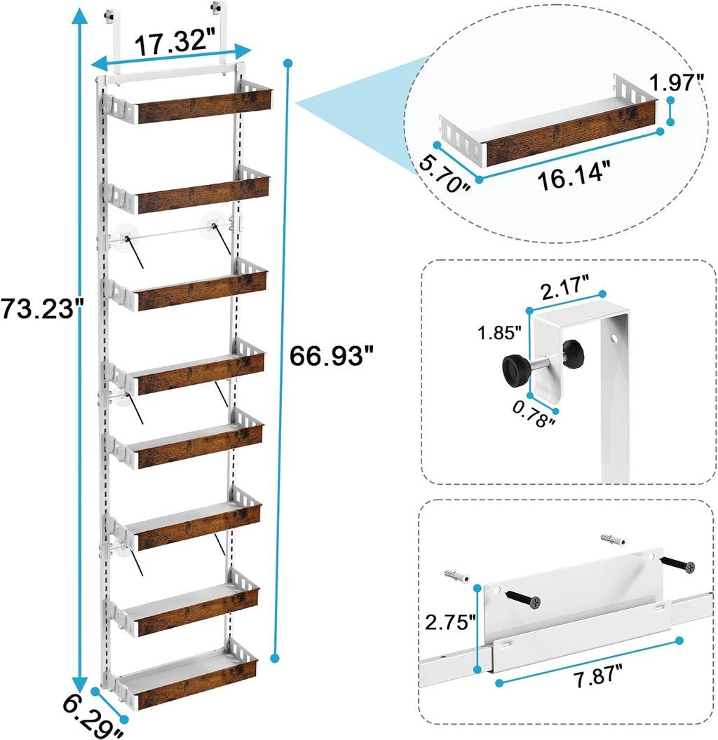 bukfen Over the Door Pantry Organizer, 8-Tier Adjustable Wooden Basket Kitchen Pantry Door Organization and Storage, 2 in 1 Wall Mount or Hanging Heavy-Duty Metal Hanging Kitchen Spice Rack,White