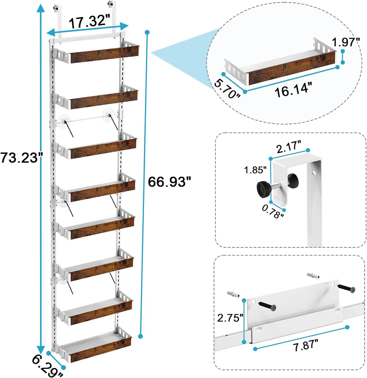 bukfen Over the Door Pantry Organizer, 8-Tier Adjustable Wooden Basket Kitchen Pantry Door Organization and Storage, 2 in 1 Wall Mount or Hanging Heavy-Duty Metal Hanging Kitchen Spice Rack,White
