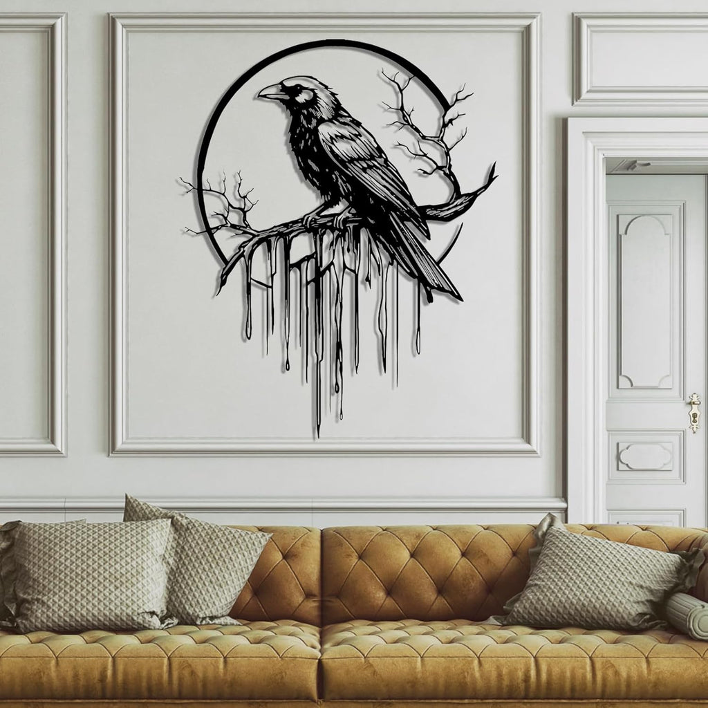 Crow Metal Wall Decor, Raven Wall Art, Large Gothic Raven Decor Hangings, Bird Wall Decor, Metal Tree Branch Decor, Ravens Sign, Raven Art for Living Room (Black, 31"x25" | 80x64cm, metal wall art)