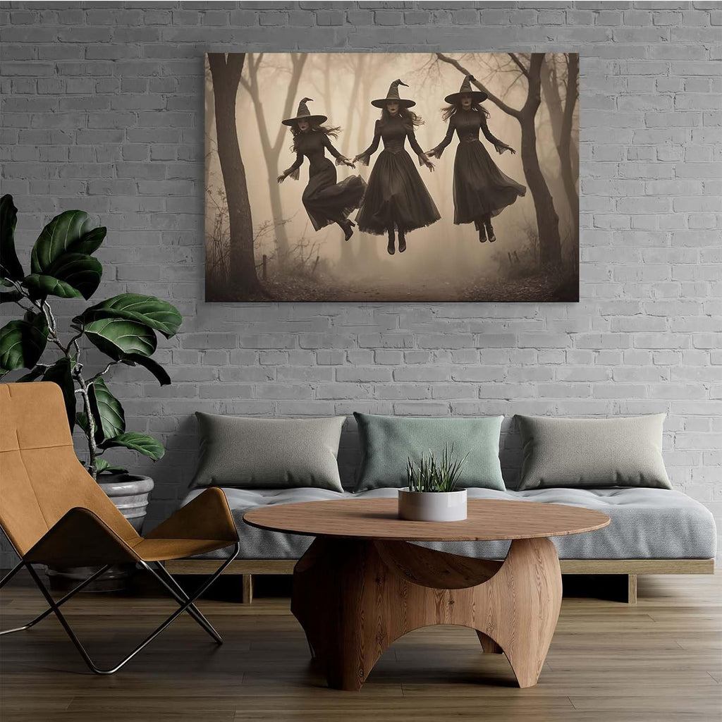 Three ghost witches flying in vintage forest gothic wall art witchcraft decoration holiday gift canvas wall art print12x16in Wood Framed
