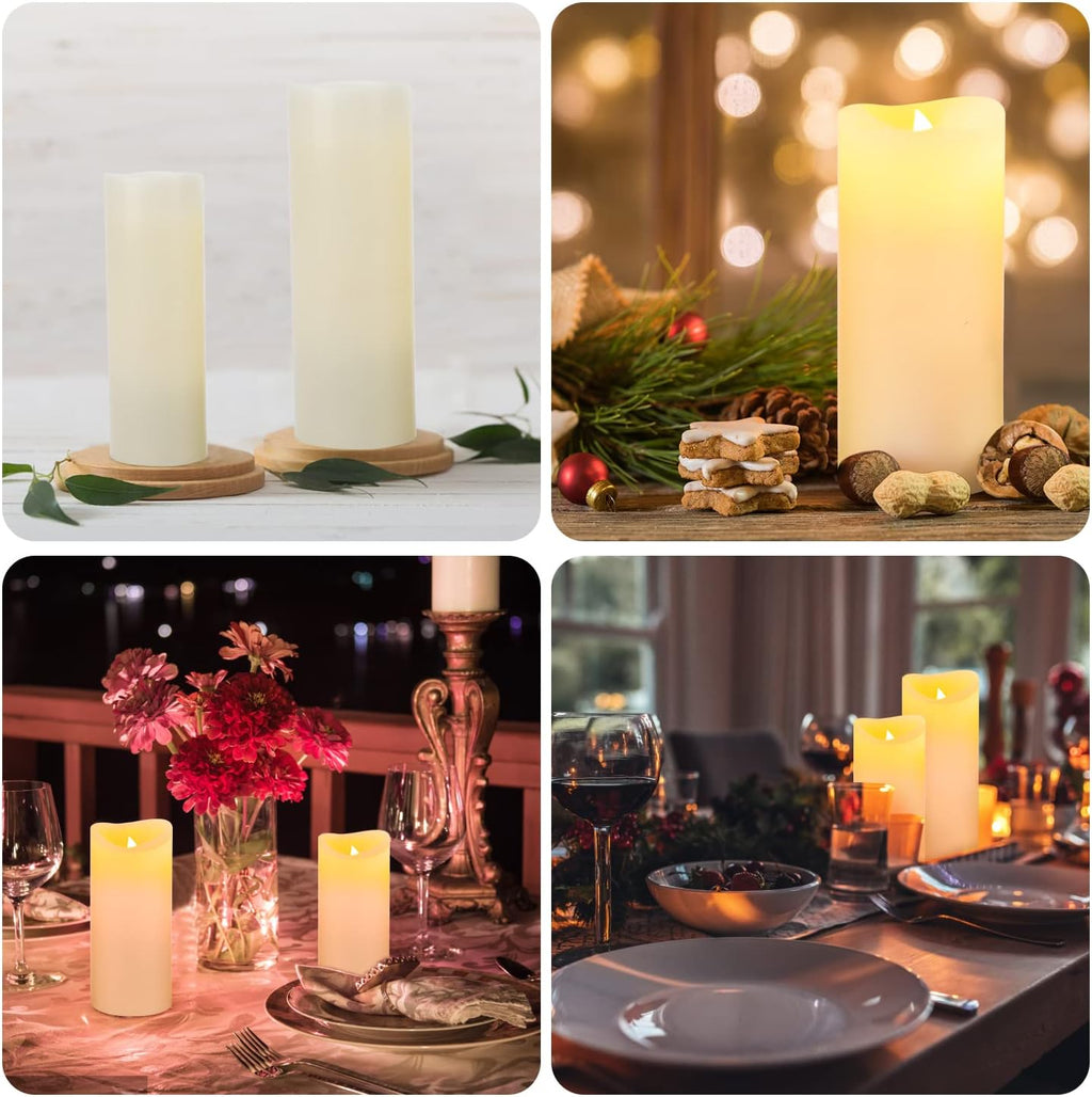 Flameless Battery Operated Led Candles-Set of 9(H 4" 5" 6" 7" 8" 9" x D 2.2") Real Wax Flickering Pillar LED Electric Candles with 10-Key Remote and 24 Hours Timer Ivory