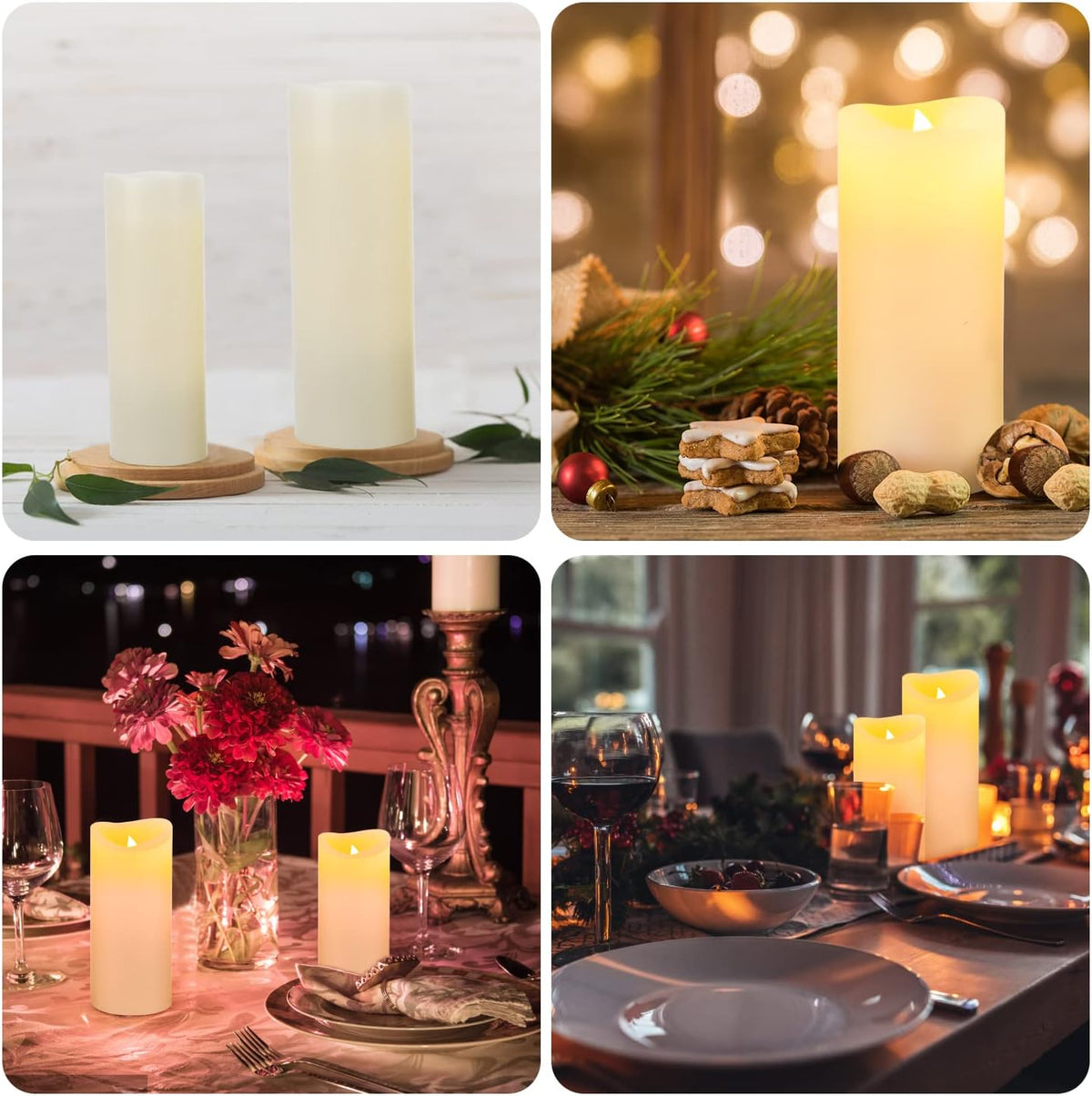Flameless Battery Operated Led Candles-Set of 9(H 4" 5" 6" 7" 8" 9" x D 2.2") Real Wax Flickering Pillar LED Electric Candles with 10-Key Remote and 24 Hours Timer Ivory