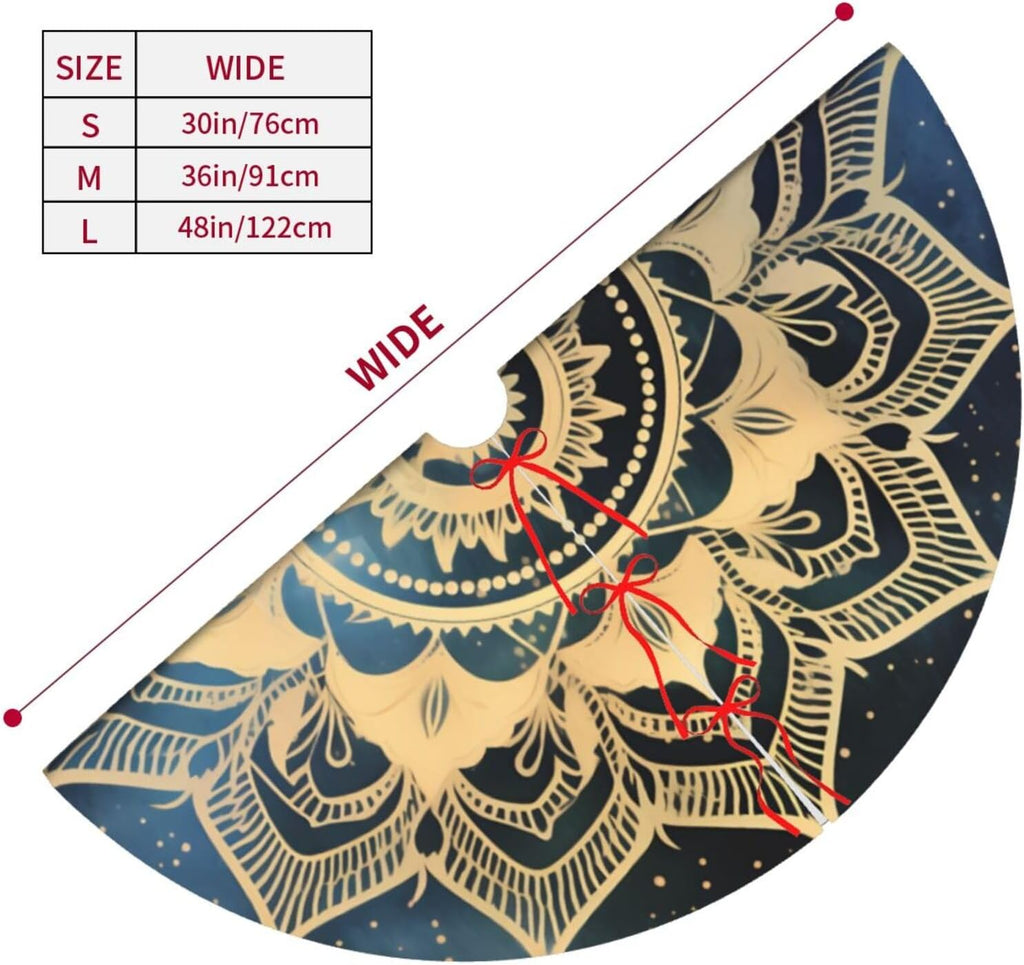 48" Large Christmas Tree Skirt, Elegant Gold Mandala Blue Galaxy Pattern Tree Mat Base Cover for Xmas Festive Holiday Party Decoration Ornaments