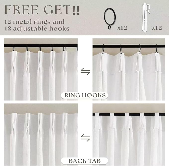 Beige White Pinch Pleat Semi Sheer Linen Curtain 70Wx102L 1 Panel | Light - Image 4