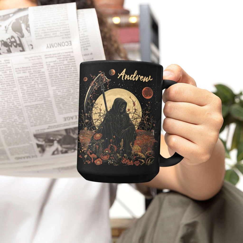 Custom Name Coffee Mug, Halloween Inspired Ceramic Cup 11oz 15oz, Personalized Spooky Reaper Coffee Cup, Halloween Character White Mug with Moon and Floral, Gifts for Men, Women