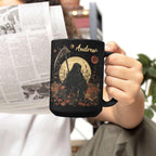 Custom Name Coffee Mug, Halloween Inspired Ceramic Cup 11oz 15oz, Personalized Spooky Reaper Coffee Cup, Halloween Character White Mug with Moon and Floral, Gifts for Men, Women