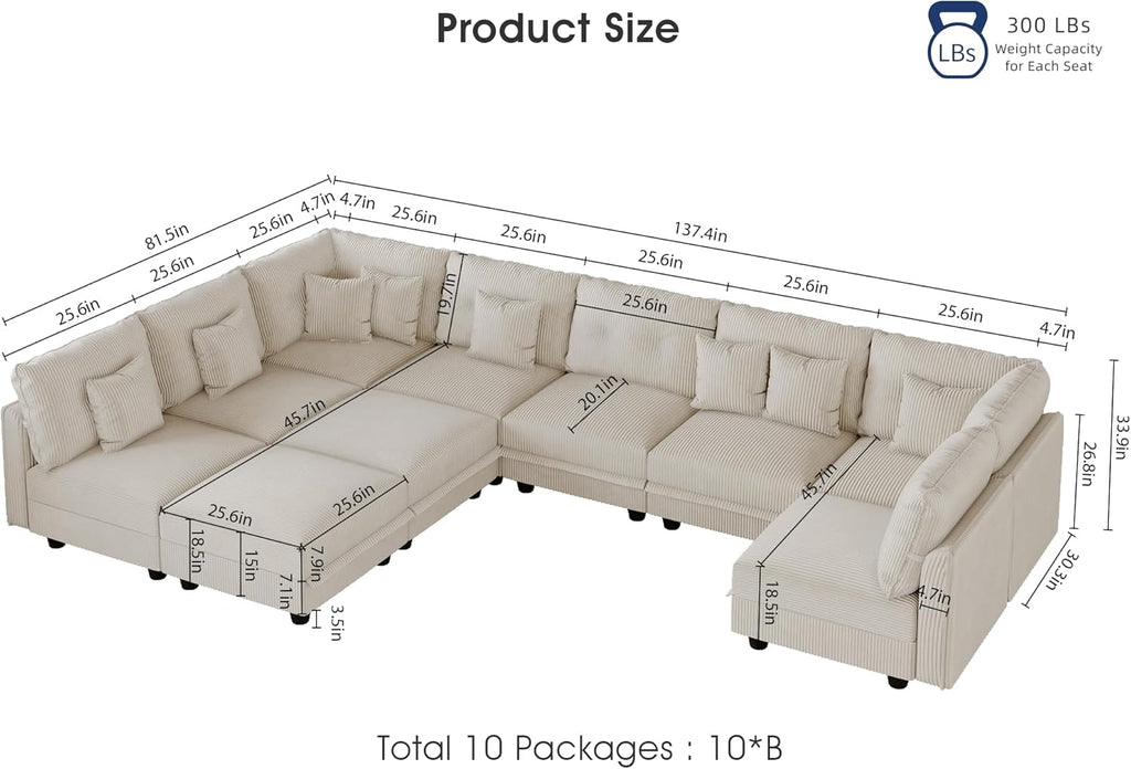 LLappuil Modular Sectional Sofa with Storage Seats, Corduroy Convertible Modular U Shaped Sectional Couch for Living Room, 10 Seat Oversized Sofa with 10 Back Cushion 10 Throw Pillow, Beige