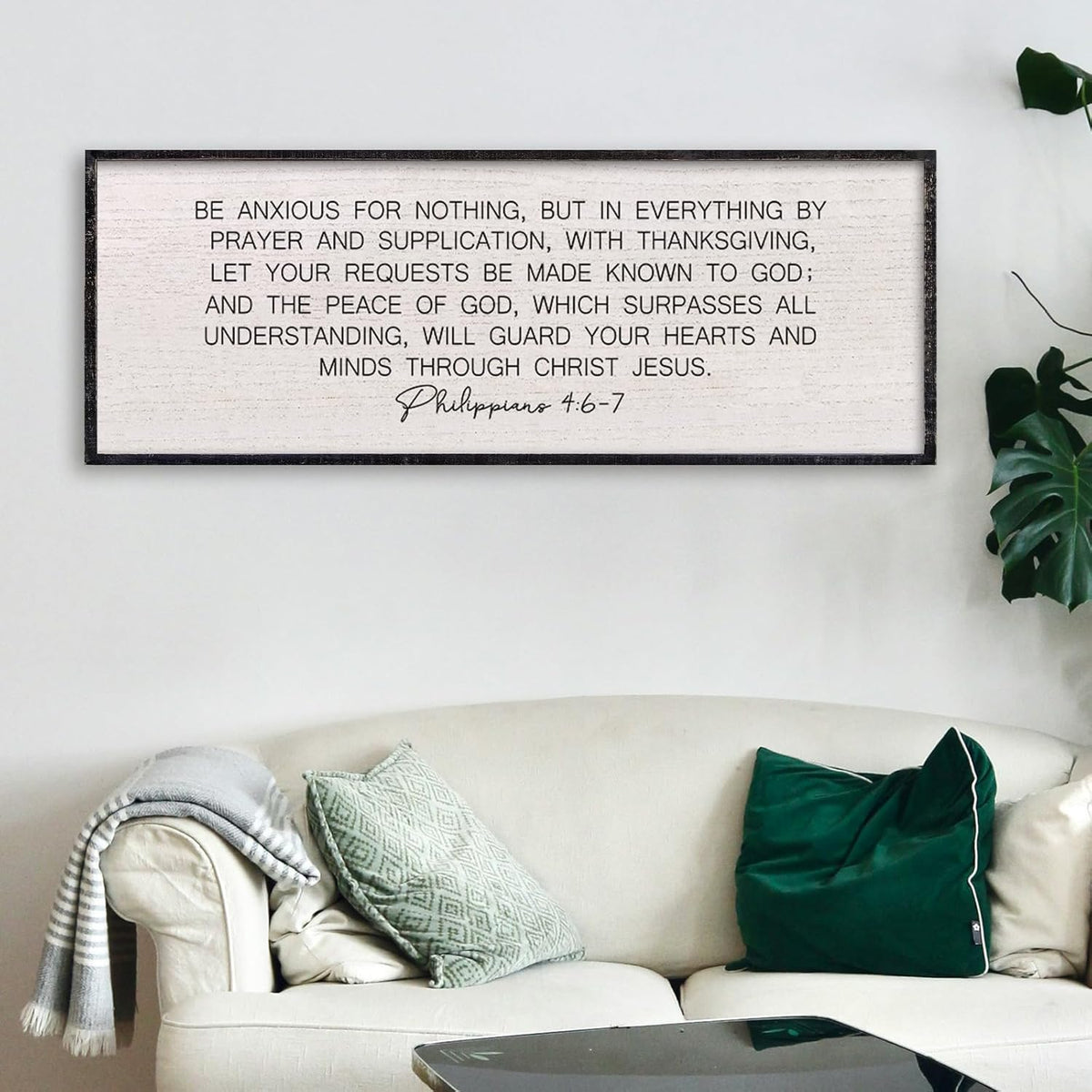 LuZhiQiang Be Anxious for Nothing Wall Decor 32"×12" Philippians 4:6-7 Bible Verse Sign Large Christian Scripture Wood Framed Hanging Decor (Black)