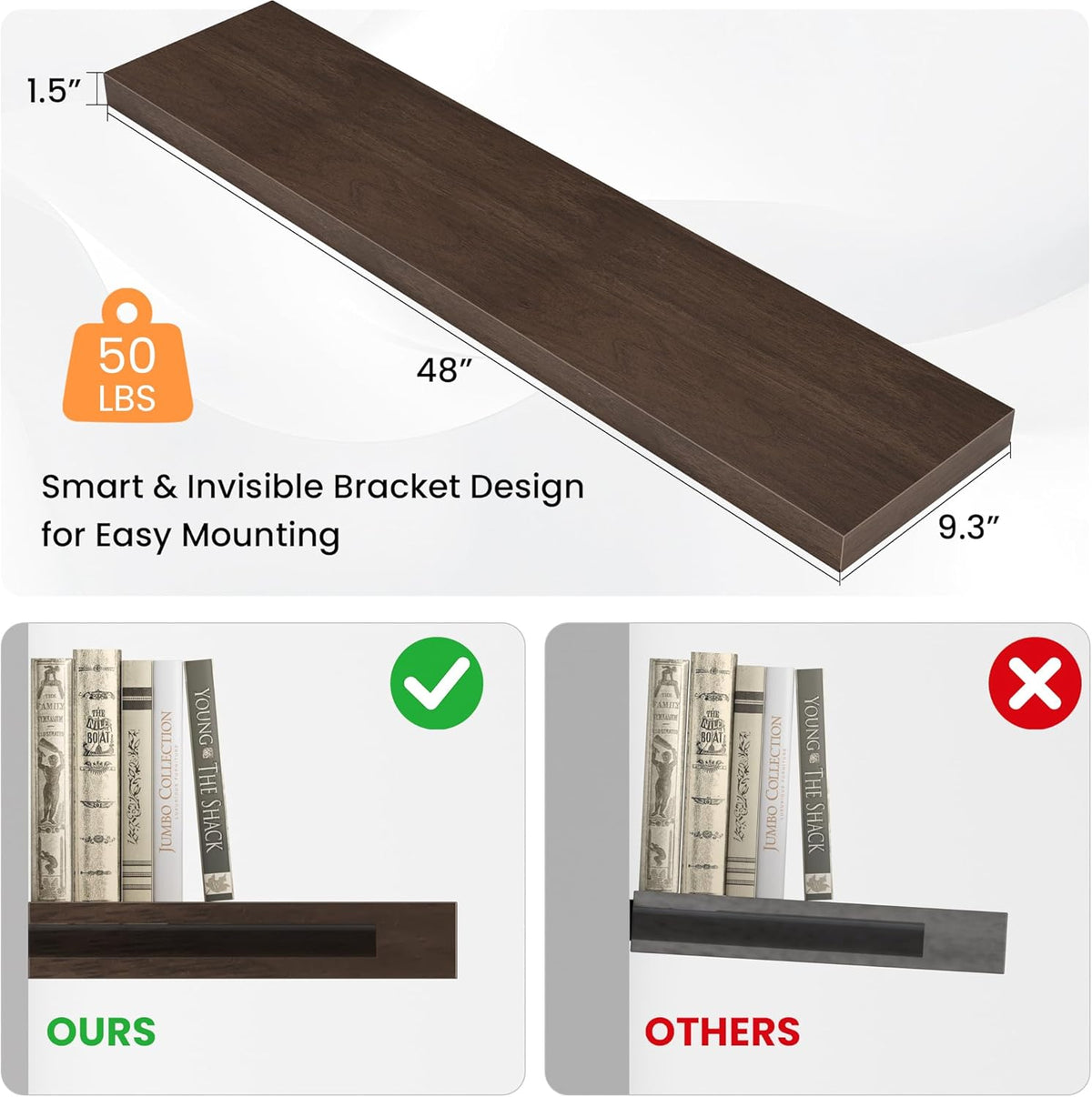 Floating Shelves for Wall, 48" W x 9.3" D x 1.5" H, Wooden Wall Mounted Display Shelves with Invisible Brackets for Living Room, Bedroom, Bathroom, Kitchen Decor and Storage, Set of 1, Walnut