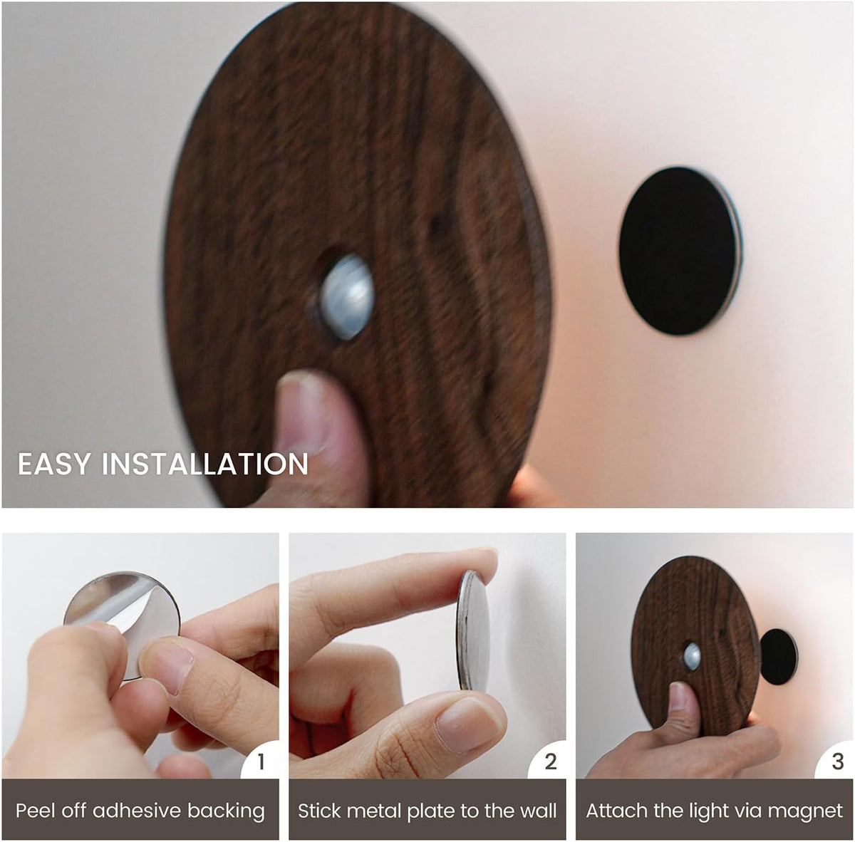 Motion Sensor Night Light Wood Rechargeable Battery-Powered Stick-On Step Lights Loftie Lights Magnetic Closet Warm Nightlight for Hallway Bedroom Stair (2 Pack Black Walnut)