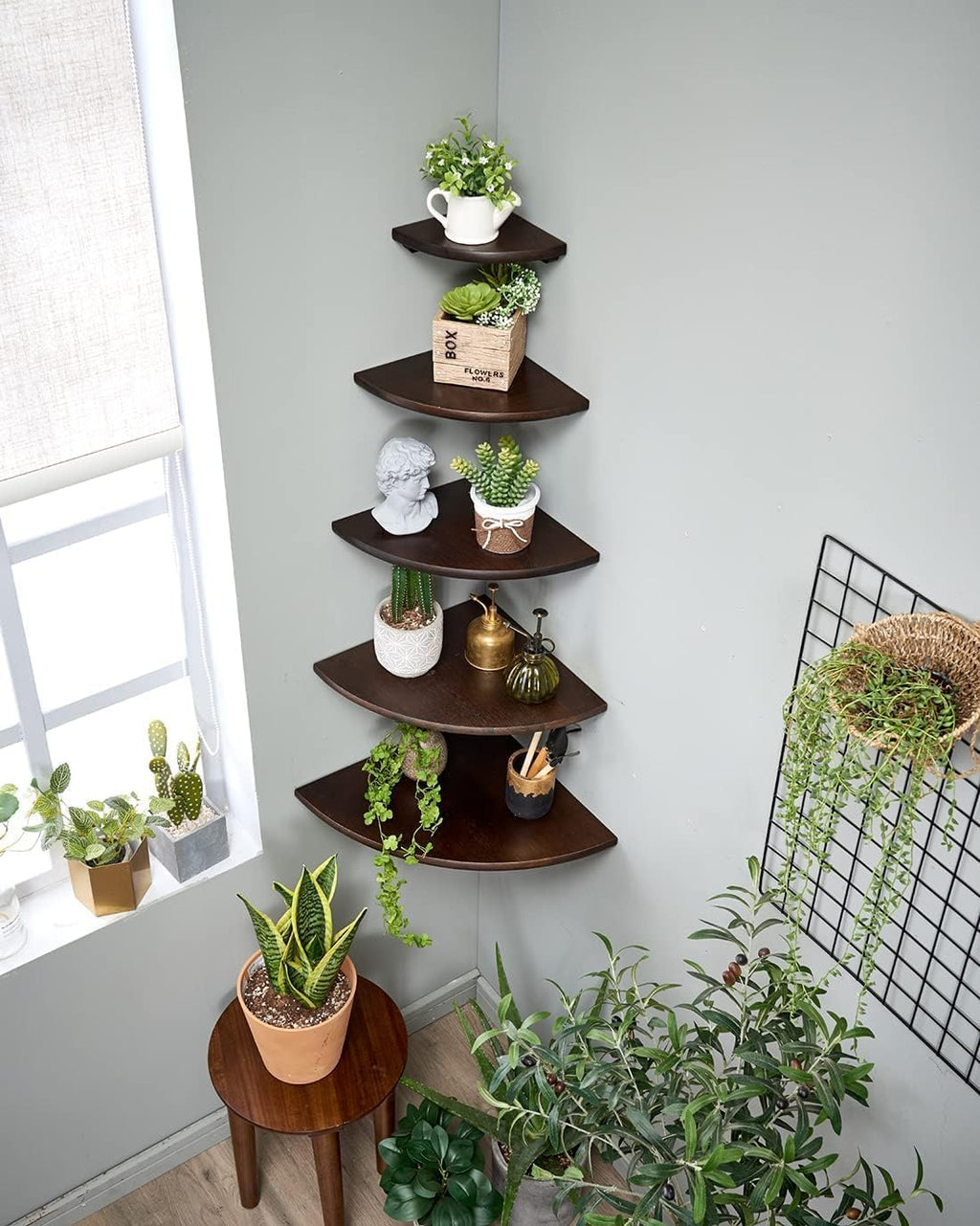 Corner Shelves, Floating Corner Shelf, Set of 2 12inch Solid Oak Wood Corner Wall Shelves, Round End with Wire Hole for Small Plant for Bedroom Kitchen, Living Room