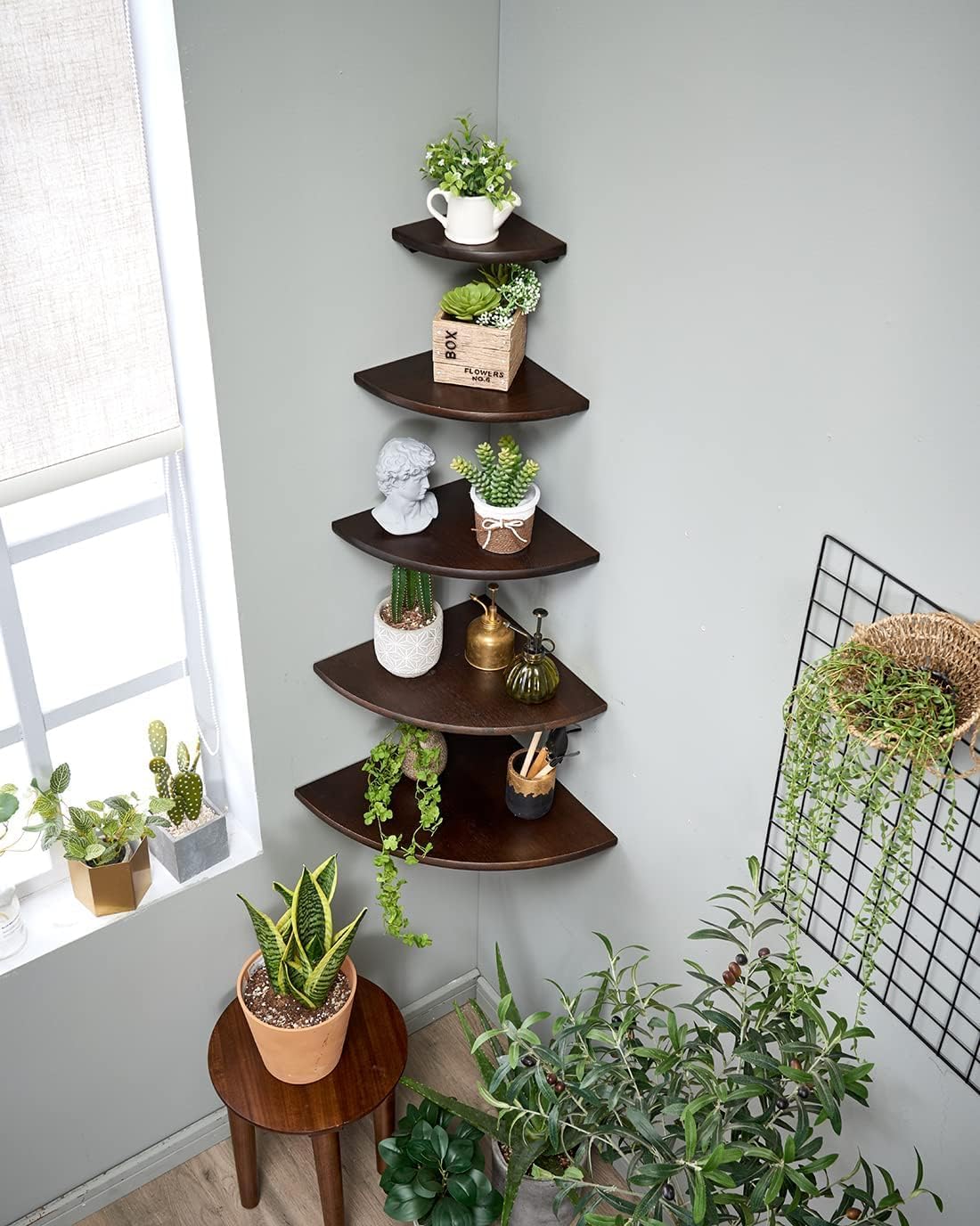 Corner Shelves, Floating Corner Shelf, Set of 2 12inch Solid Oak Wood Corner Wall Shelves, Round End with Wire Hole for Small Plant for Bedroom Kitchen, Living Room