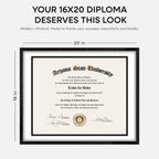 Homeforia 16x20 Diploma Black Wood Frame, High End Oak 16 x 20 Certificate Frames with Mat 14 x 17, 16by20 Document Frame Matted to 14by17, Wooden Graduation Frames, Tempered Glass, Wall Kit, Set of 1