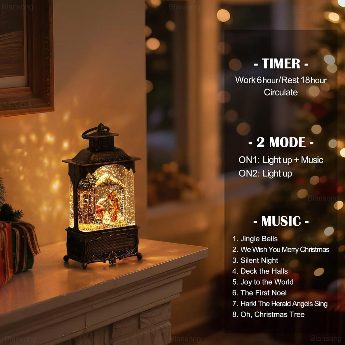 Nativity Snow Globe Lantern Christmas Decorations Gifts Auto Snowfall Glitter Music Collection Manger Sheep Pen Nativity Scene with 6H Timer USB/Battery Powered 10.2 inch
